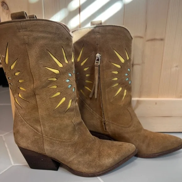 GOLO WOMEN'S CONTRASTING INLAID SUN WESTERN BOOTS - ROUND TOE - Picture 3 of 9